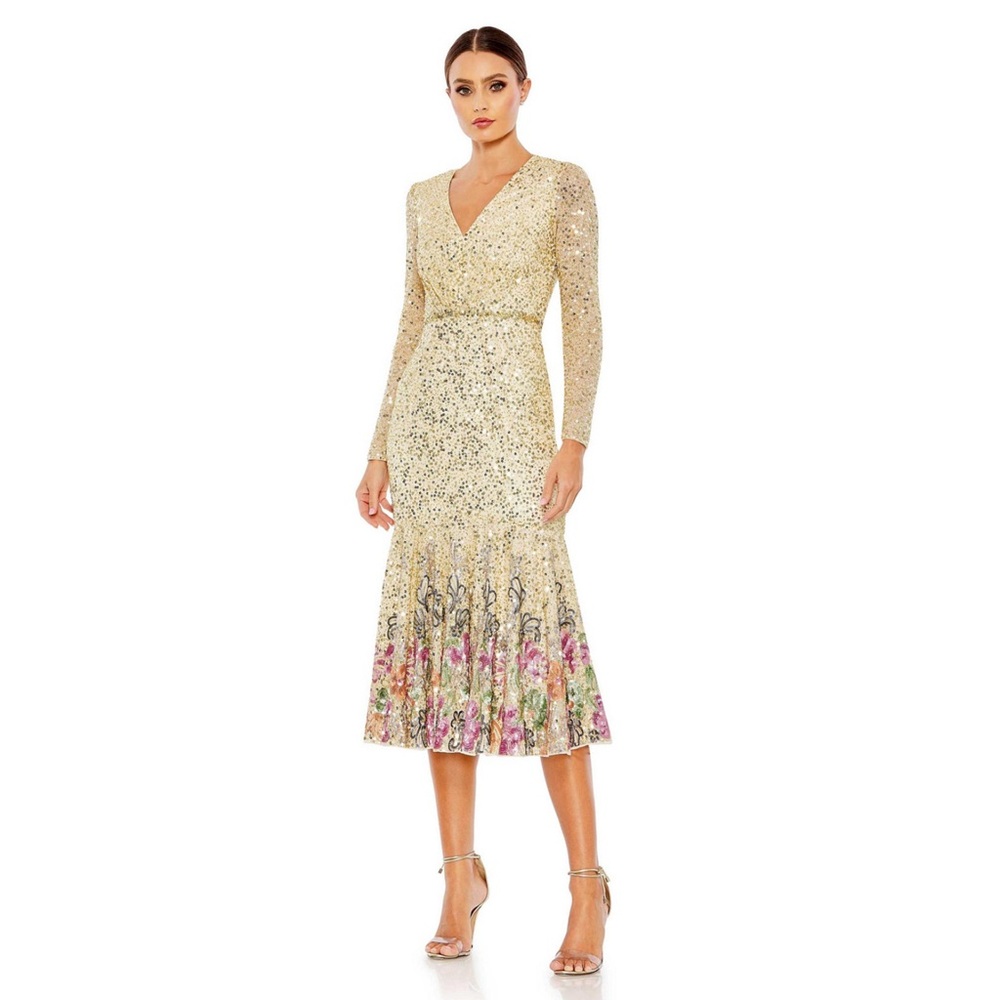MAC DUGGAL Faux Wrap Long Sleeve Tea Length Dress size 10